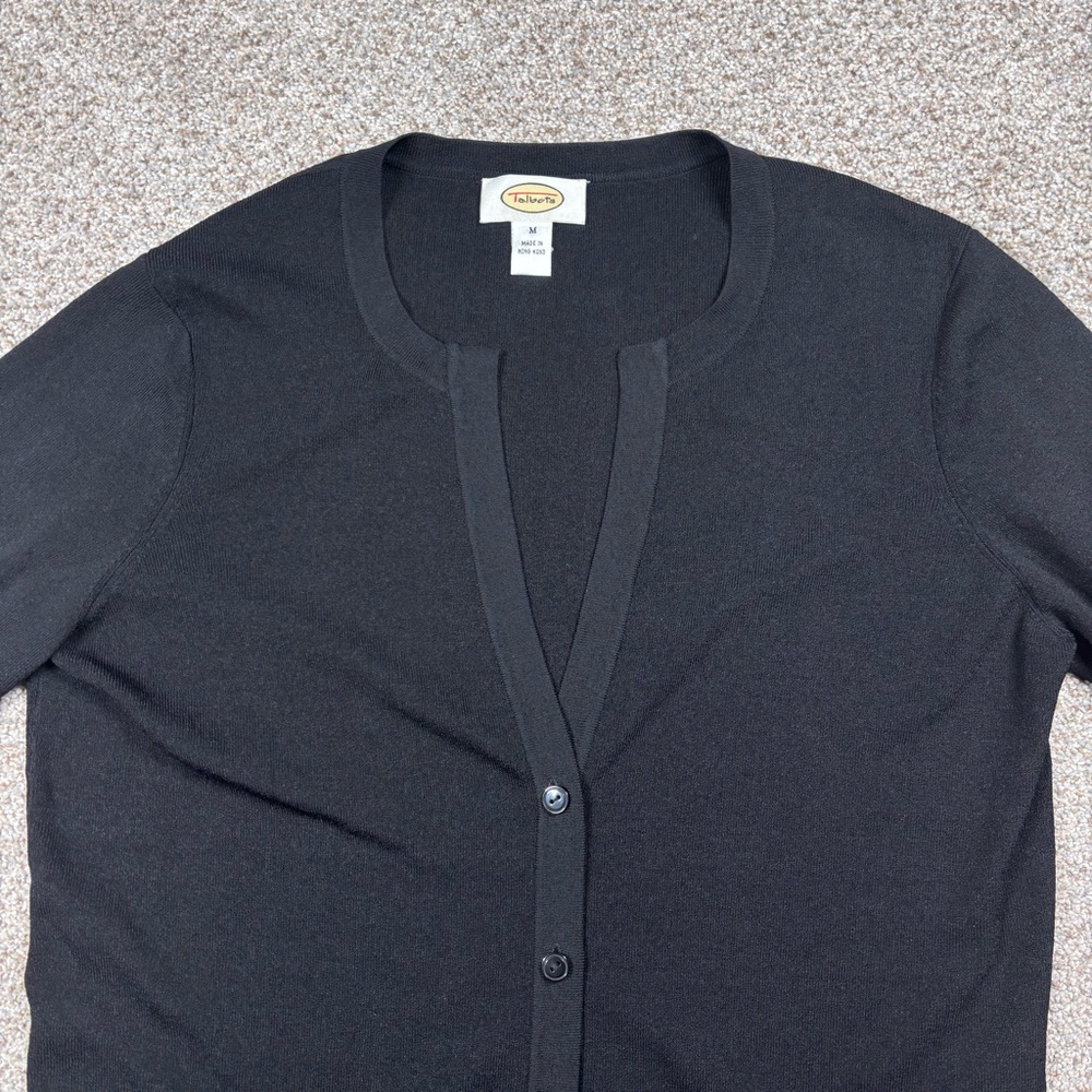 Talbots Sweater Cardigan Women’s Medium Black V-neck‎ 3/4 sleeves button Stretch - Picture 3 of 7